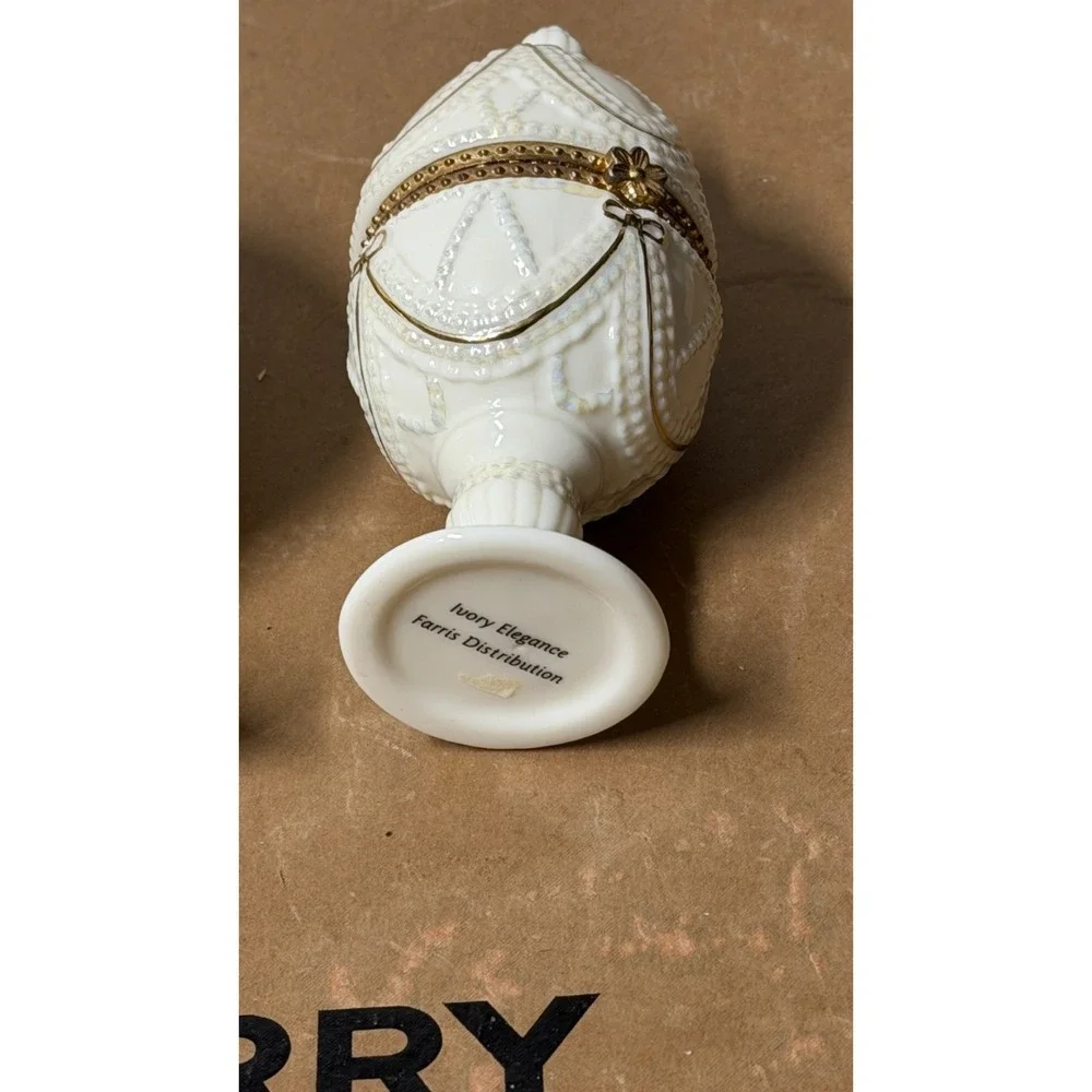 Ivory Elegance Fabergé-Style Hinged Egg Trinket Boxes Set of 2 Gold Trim